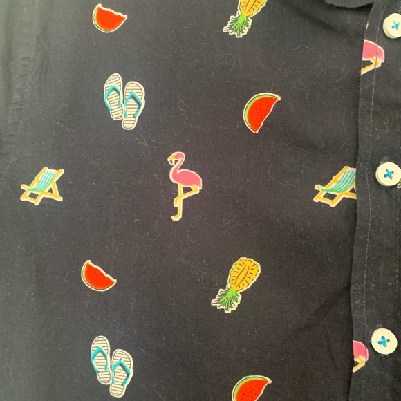 Fun Summer Shirt Flamingos, Beach. Hairs, Flip Flops with Navy background - Picture 2 of 4